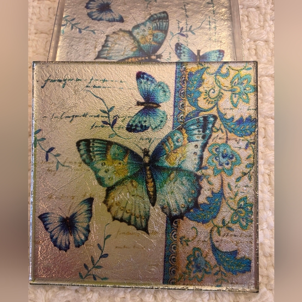 Angelstar Glass Blue and Green Butterfly Coaster Set - 4 Total